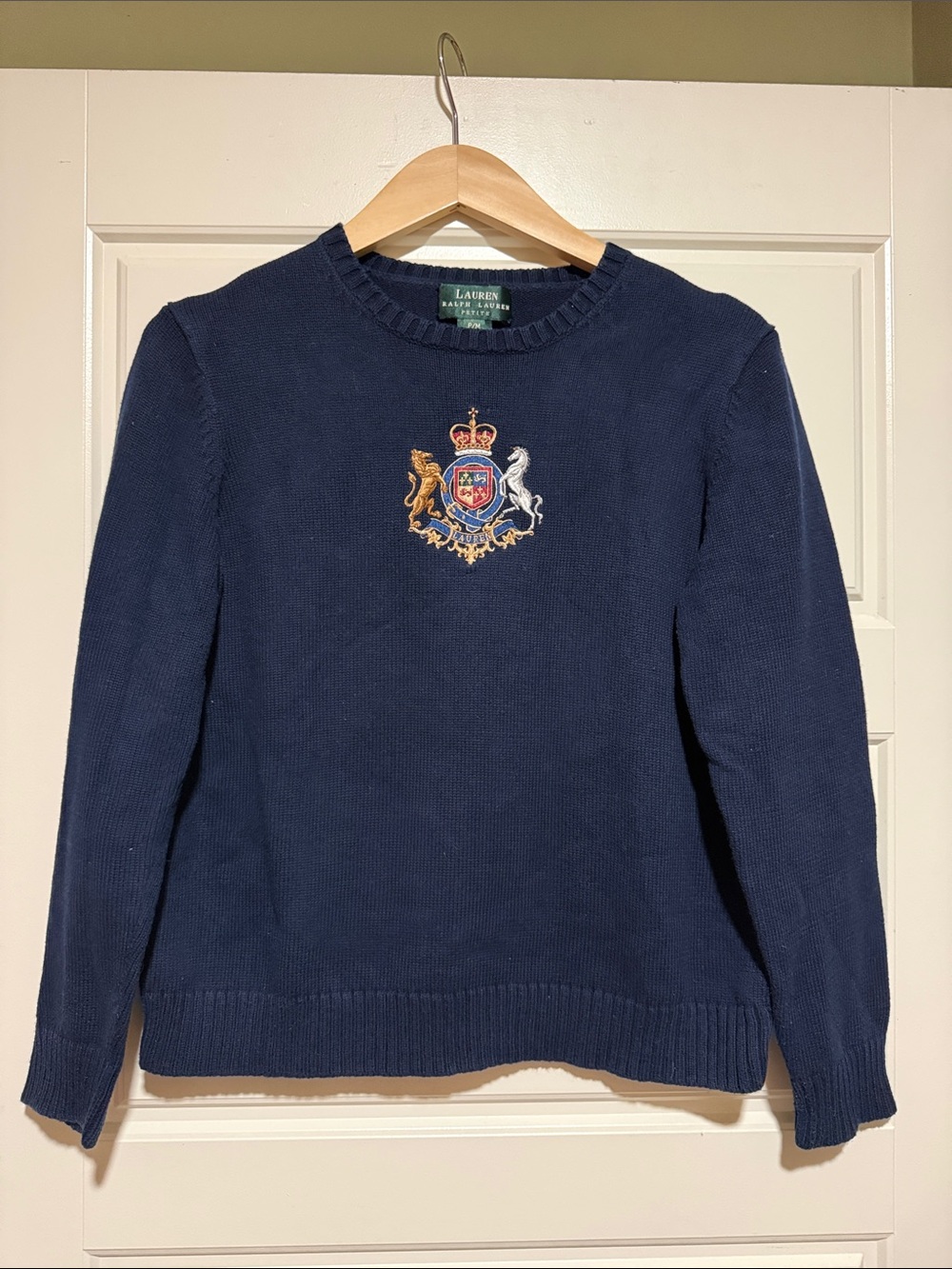Vintage Ralph Lauren Navy Crewneck Sweater with Embroidered Crest intarsia